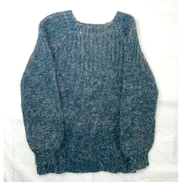 Hand Knit Sweater Womens Crew Neck Knit Cuff Metallic Thread Blue Silver - Picture 12 of 14